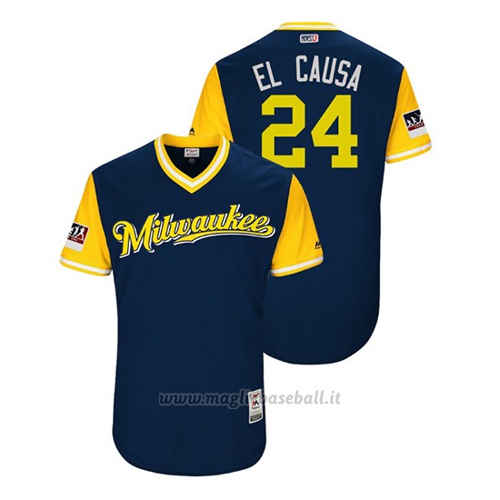 Maglia Baseball Uomo Milwaukee Brewers Jesus Aguilar 2018 Llws Players Weekend El Causa Blu